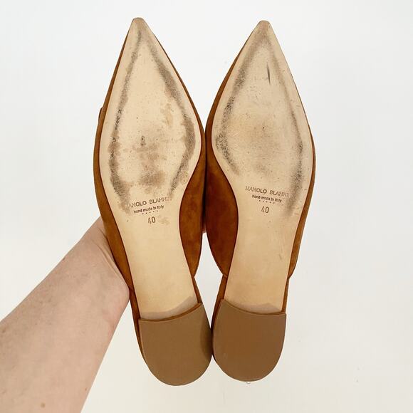 Manolo Blahnik Maysale Camel Suede Buckle Pointed Toe Flat Slide Mules IT 40 - Picture 10 of 11